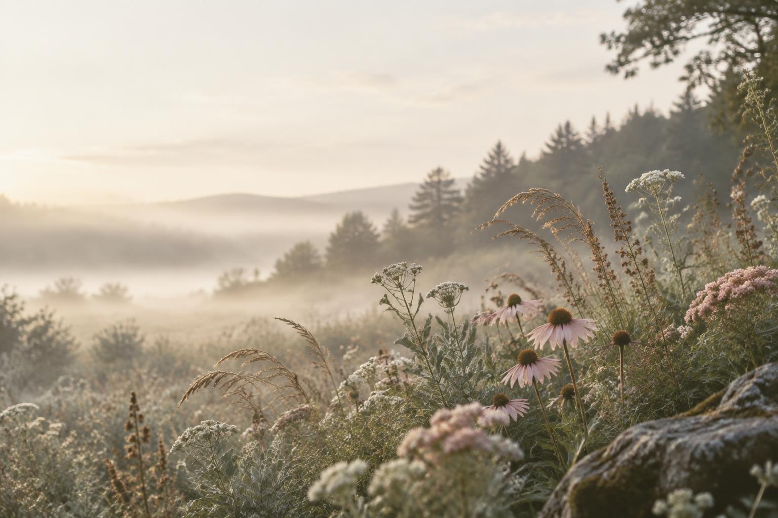 A softly lit meadow with sage foliage and delicate wildflowers